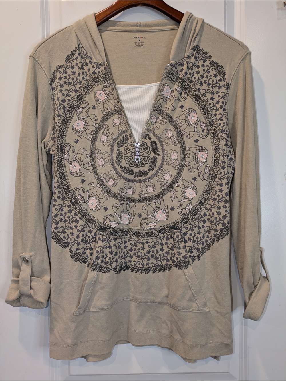 Style & Co Elephant Print Hoodie Boho Mandala Pullover Medium